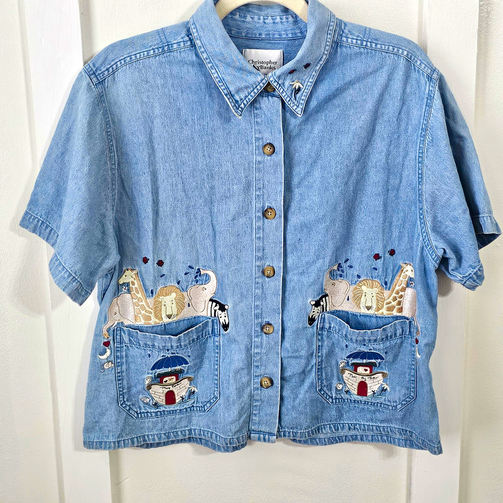 Christopher & Banks Denim Button Up Shirt L Noah's Ark Embroidered Pockets